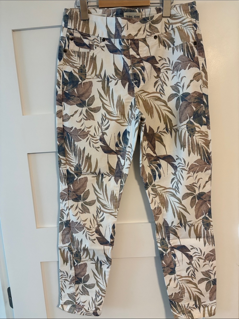 Tribal Cream Jeans with Brown & Olive Leaf Print Capris